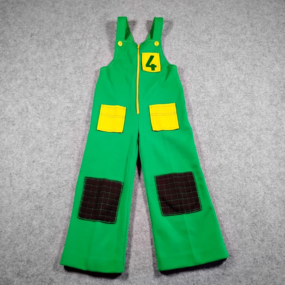 Petit Bateau‎ Vintage Kids Green Yellow Number 4 Zip Front Overalls Jumpsuit 94
